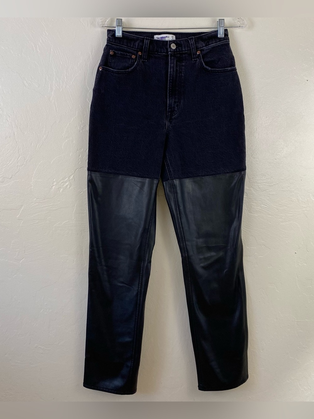 Abercrombie & Fitch Size 27 Black Denim & Faux Leather The 90s Straight Leg Jean